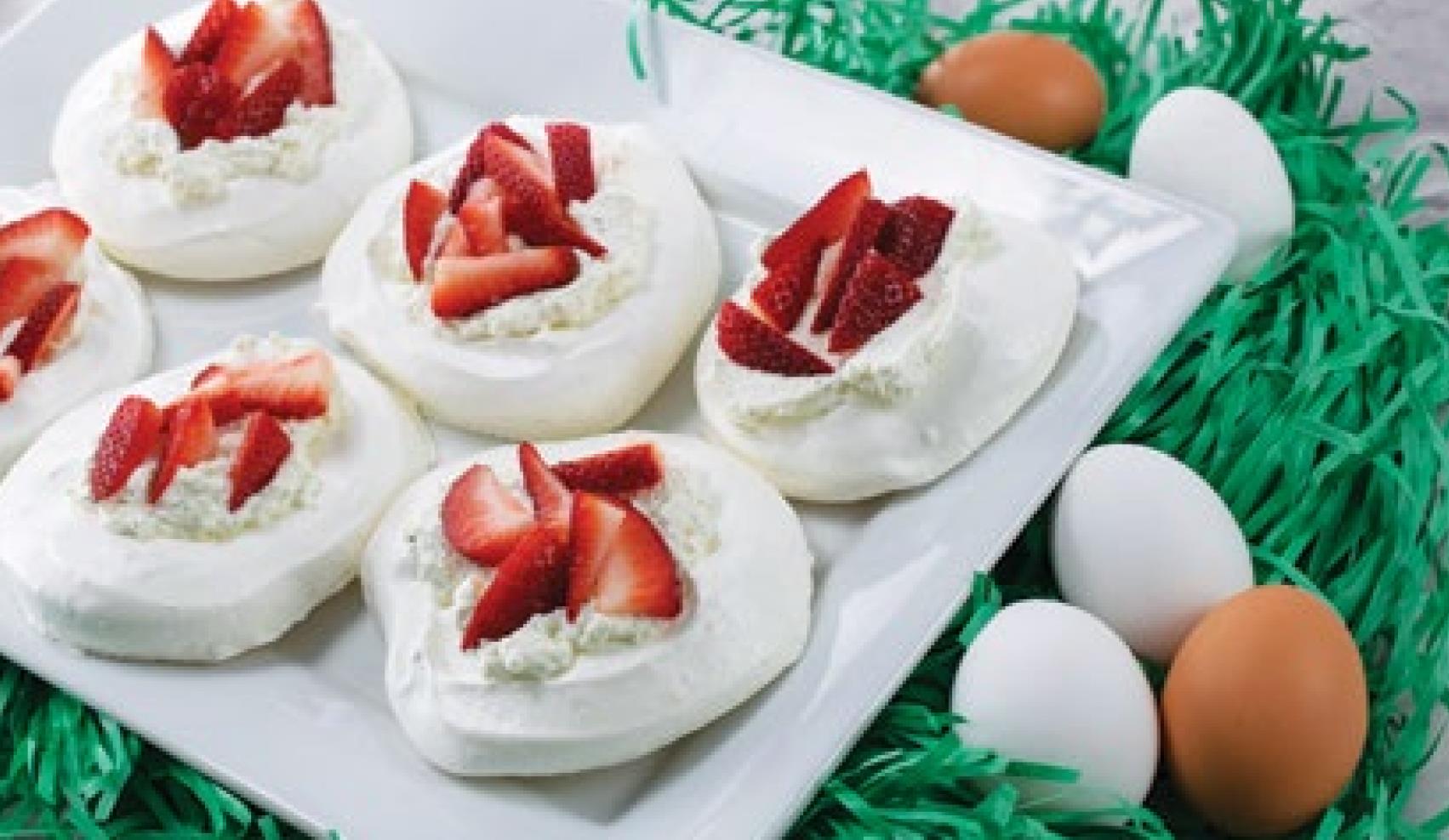 Meringue Nests with Vanilla Bean Whipped Cream and Strawberries