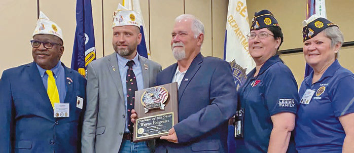 Jennings resident Wayne Bergeaux was recently named the American Legion state Citizen of the Year. Pictured here to commemorate the occasion is Department of Louisiana Oliver Moore III (from left), National Security Commissioner Chair Corey Moore, Bergeaux, James O. Hall Post 19 Vice Commander Jesecca Creger and James O. Hall Post 19 Commander Rebecca Doucet. Submitted photo