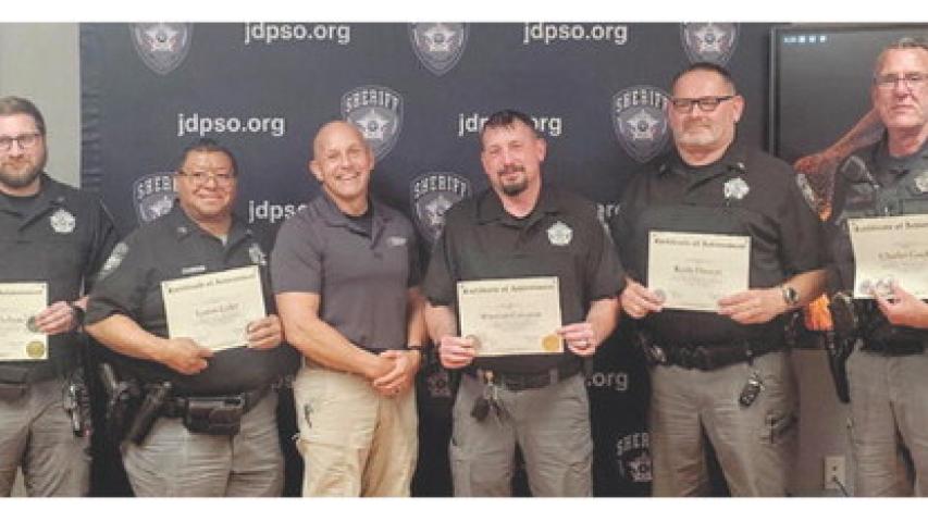 Sheriff Kyle Miers recently honored several of his deputies who went above and beyond to assist the department with emergency jury summonses. Deputy Charles Duhon (from left), Deputy Lennis Ledet, Miers, Deputy Winston Coleman, Deputy Keith Doucet and Deputy Charles Guidry celebrated the occasion. Deputy Tiffany Bertrand was also highlighted but unable to attend. Daily News photo by Erin Hargrave